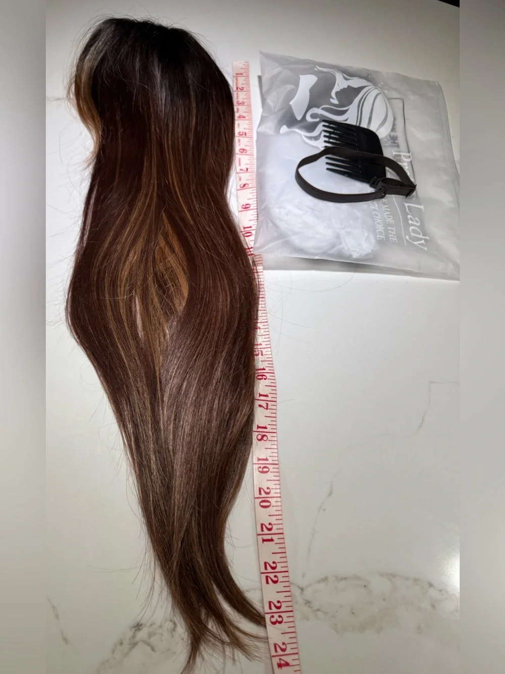 HAIR, 24” Straight Topper, Whispy bangs, Center Part, Brown Carmel Highlights